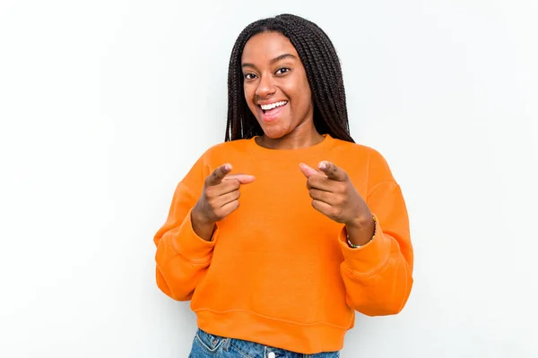 Jeune Femme Afro Américaine Isolée Sur Fond Blanc Pointant Vers — Photo