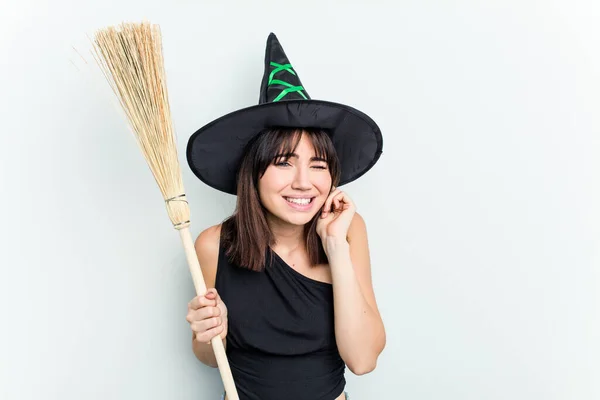 Young Caucasian Woman Dressed Witch Holding Broom Isolated Blue Background — Stock Photo, Image