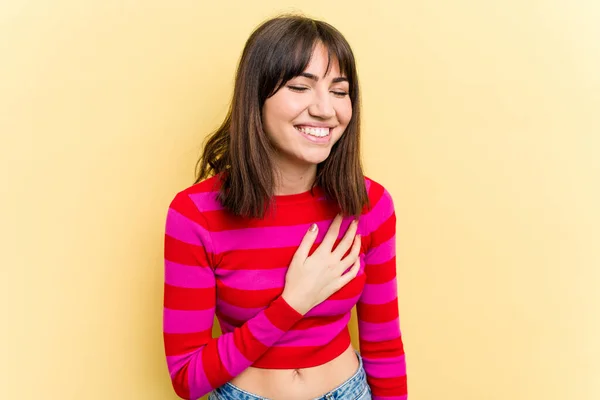 Young Caucasian Woman Isolated Yellow Background Laughs Out Loudly Keeping — Stock Photo, Image