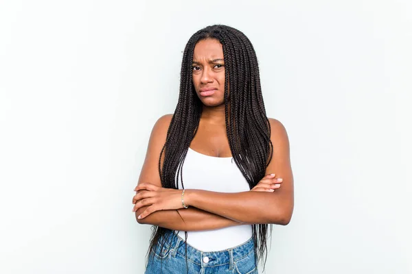 Young African American Woman Isolated White Background Unhappy Looking Camera — Stock Photo, Image