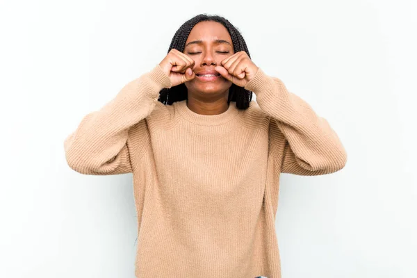 Jeune Femme Afro Américaine Isolée Sur Fond Blanc Pleurant Pleurant — Photo