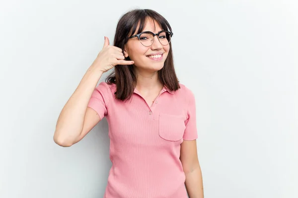 Jeune Femme Caucasienne Isolée Sur Fond Blanc Montrant Geste Appel — Photo