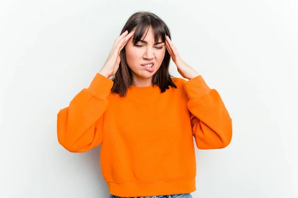 Young Caucasian Woman Isolated White Background Touching Temples Having Headache — Stock Photo, Image