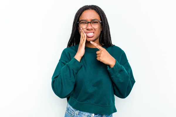 Young African American Woman Isolated White Background Having Strong Teeth — Stock Photo, Image