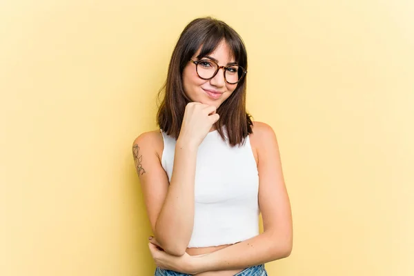Young Caucasian Woman Isolated Yellow Background Smiling Happy Confident Touching — Stock Photo, Image