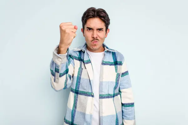 Young Hispanic Man Isolated Blue Background Showing Fist Camera Aggressive — Stock Photo, Image