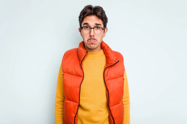 Young Hispanic Man Isolated Blue Background Sad Serious Face Feeling — Stock Photo, Image