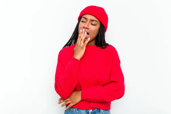 Ung Afrikansk Amerikansk Kvinna Isolerad Vit Bakgrund Gäspningar Visar Trött — Stockfoto