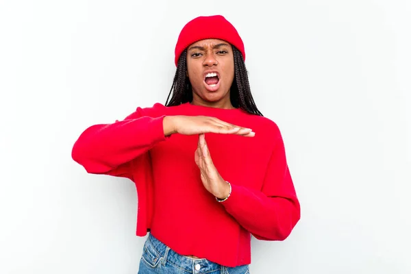 Mladý Africký Americký Žena Izolovaný Bílém Pozadí Ukazující Timeout Gesto — Stock fotografie