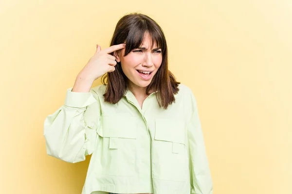 Young Caucasian Woman Isolated Yellow Background Covering Ears Hands — Stock Photo, Image