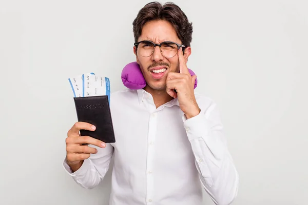 Young Hispanic Man Inflatable Travel Pillow Holding Passport Isolated White — Stock Photo, Image