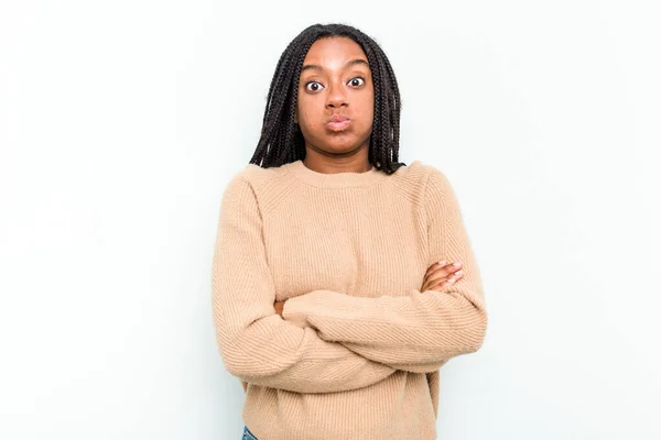 Young African American Woman Isolated White Background Blows Cheeks Has — Stock Photo, Image