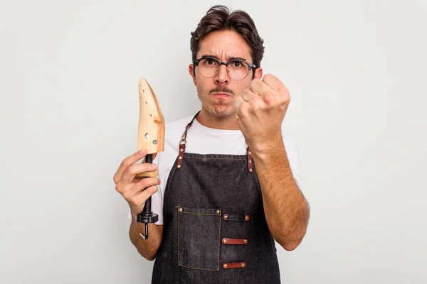 Young Hispanic Shoemaker Isolated White Background Showing Fist Camera Aggressive — Stock Photo, Image
