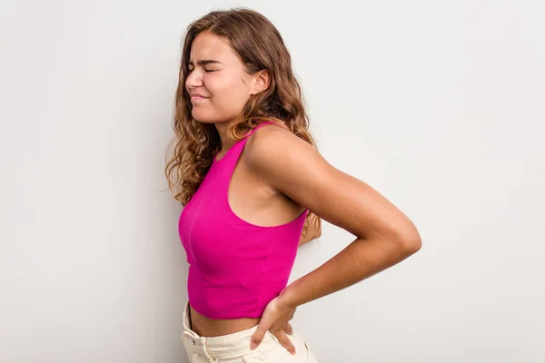 Young Caucasian Woman Isolated Blue Background Suffering Back Pain — Stock Photo, Image