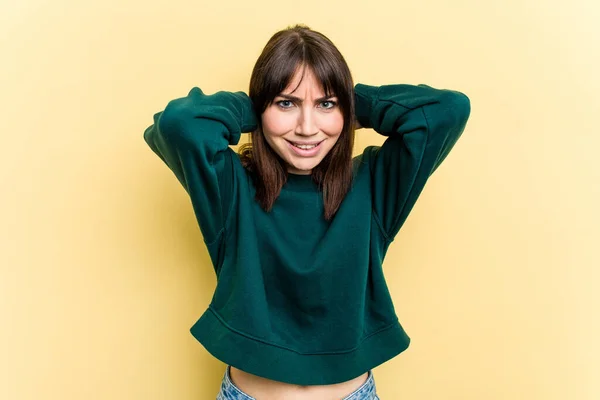 Young Caucasian Woman Isolated Yellow Background Screaming Rage — Stock Photo, Image