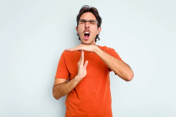 Young Hispanic Man Isolated Blue Background Showing Timeout Gesture — стоковое фото