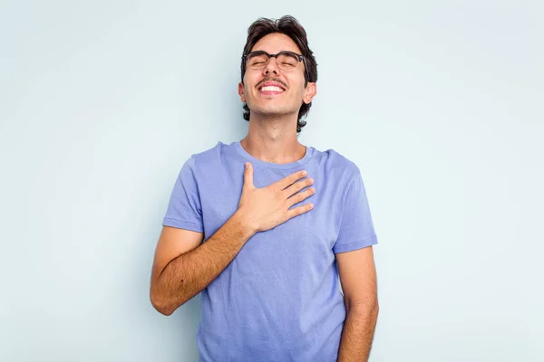 Young Hispanic Man Isolated Blue Background Laughs Out Loudly Keeping — Stock Photo, Image