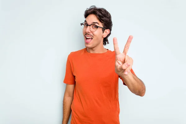 Young Hispanic Man Isolated Blue Background Showing Number Two Fingers — Stock Photo, Image