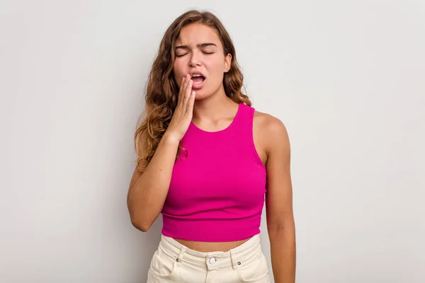 Young Caucasian Woman Isolated Blue Background Yawning Showing Tired Gesture — Stock Photo, Image