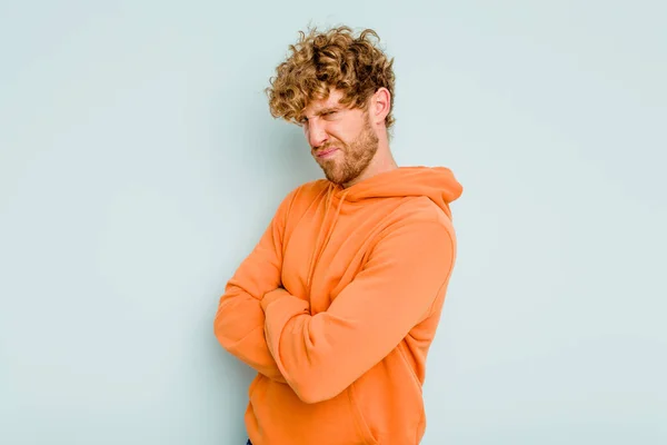 Young Caucasian Man Isolated Blue Background Frowning Face Displeasure Keeps — Stock Photo, Image