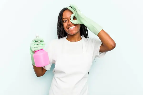 Young African American Cleaner Woman Isolated Blue Background Excited Keeping — Stock Photo, Image