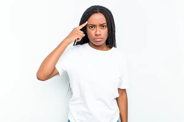 Young African American Woman Isolated White Background Pointing Temple Finger — Stock Photo, Image