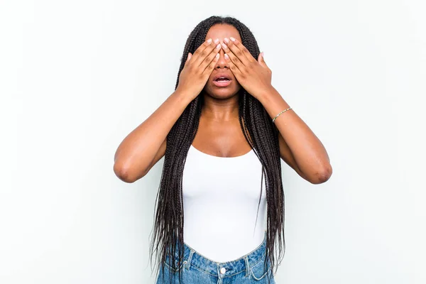 Young African American Woman Isolated White Background Afraid Covering Eyes — Stock Photo, Image