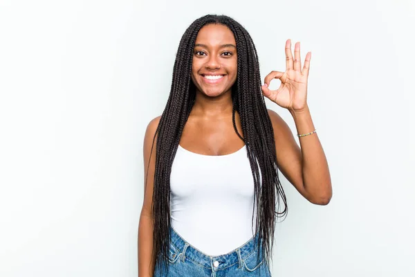 Young African American Woman Isolated White Background Cheerful Confident Showing — Stock Photo, Image