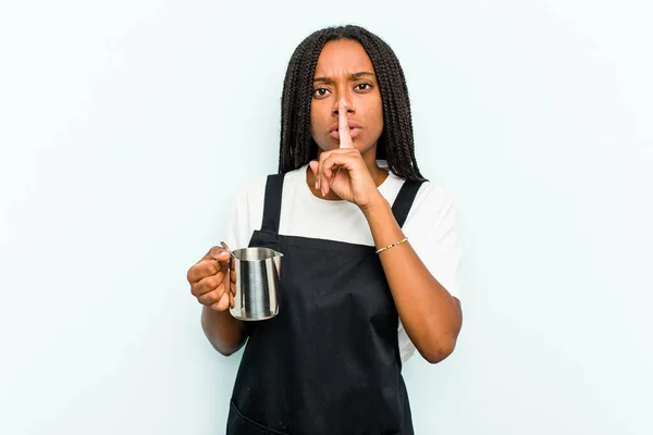 Young African American Barista Woman Isolated Blue Background Keeping Secret — Stock Photo, Image