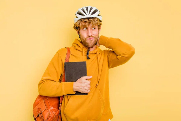 Young Student Man Wearing Helmet Bike Isolated Yellow Background Touching — Stock Photo, Image