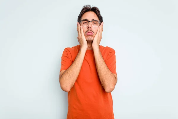 Young Hispanic Man Isolated Blue Background Whining Crying Disconsolately — стоковое фото