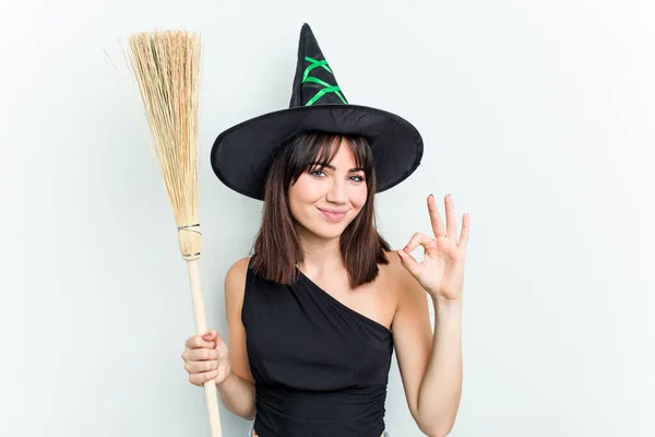 Young Caucasian Woman Dressed Witch Holding Broom Isolated Blue Background — Stock Photo, Image