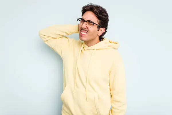 Young Hispanic Man Isolated Blue Background Tired Very Sleepy Keeping — Stock Photo, Image