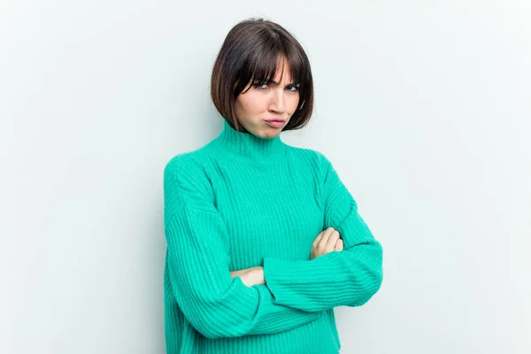 Young Caucasian Woman Isolated White Background Frowning Face Displeasure Keeps — Stock Photo, Image