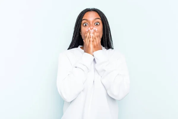 Young African American Woman Braids Hair Isolated Blue Background Shocked — Stock Photo, Image