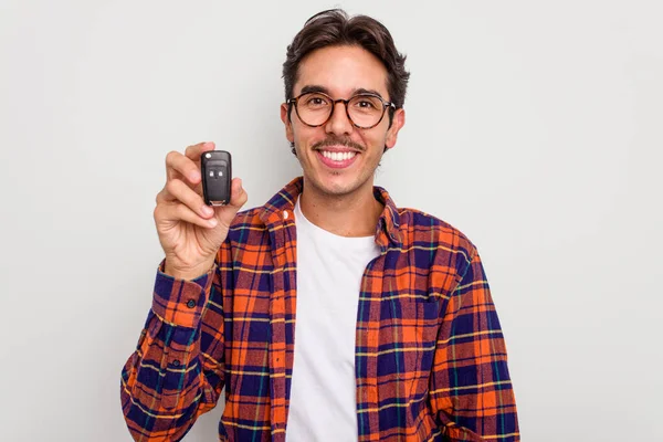 Young Hispanic Man Holding Car Keys Isolated White Background Happy — Stock Photo, Image