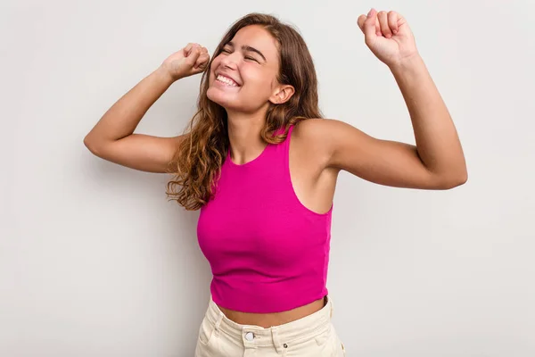 Young Caucasian Woman Isolated Blue Background Celebrating Special Day Jumps — Stock Photo, Image