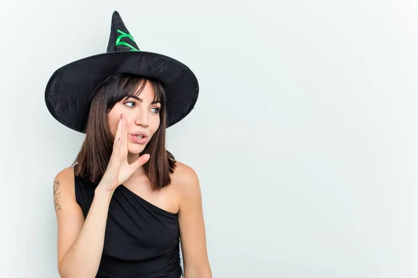 Young Caucasian Woman Dressed Witch Isolated White Background Saying Secret — Stock Photo, Image