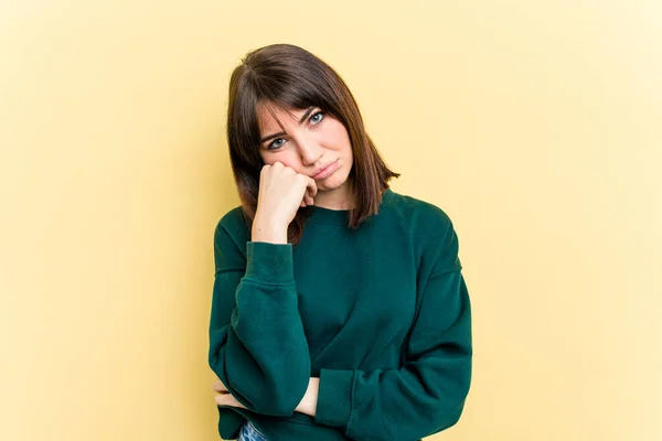 Young Caucasian Woman Isolated Yellow Background Tired Repetitive Task — Stock Photo, Image