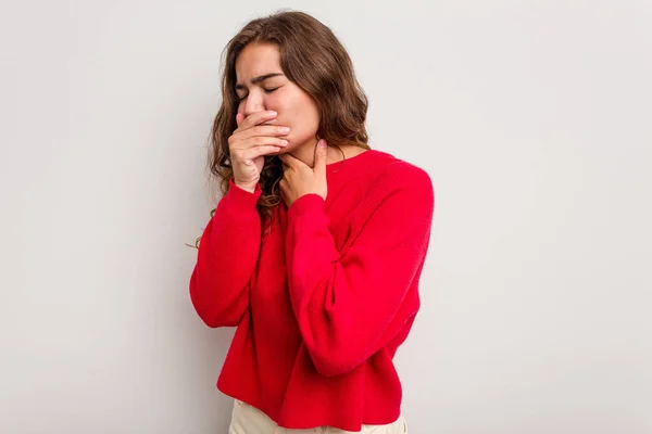 Young Caucasian Woman Isolated Blue Background Suffers Pain Throat Due — Stock Photo, Image