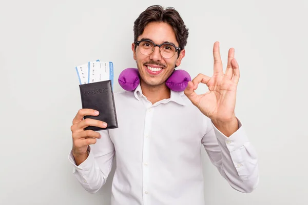 Young Hispanic Man Inflatable Travel Pillow Holding Passport Isolated White — Stock Photo, Image