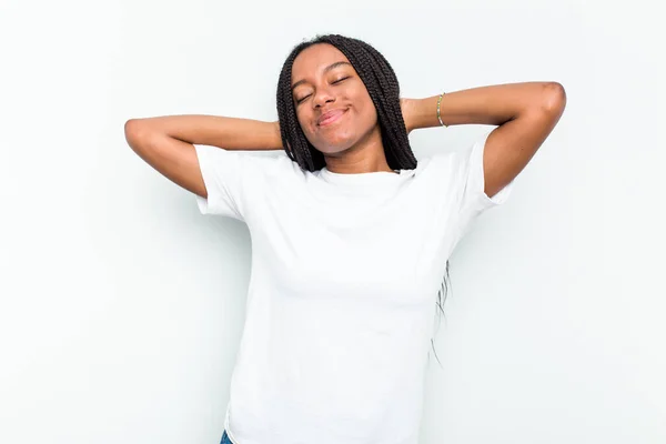 Jeune Femme Afro Américaine Isolée Sur Fond Blanc Sentant Confiante — Photo