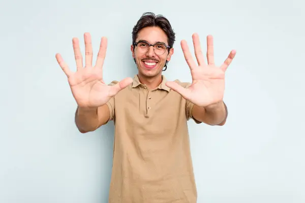 Young Hispanic Man Isolated Blue Background Showing Number Ten Hands — ストック写真