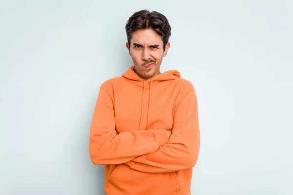 Young Hispanic Man Isolated Blue Background Frowning Face Displeasure Keeps — Stock Photo, Image