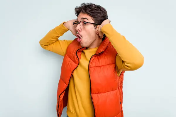 Young Hispanic Man Isolated Blue Background Screaming Very Excited Passionate — Stock Photo, Image