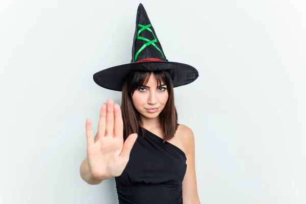 Young Caucasian Woman Dressed Witch Isolated White Background Standing Outstretched — Stock Photo, Image