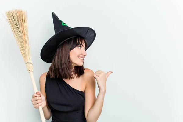 Young Caucasian Woman Dressed Witch Holding Broom Isolated Blue Background — Stock Photo, Image