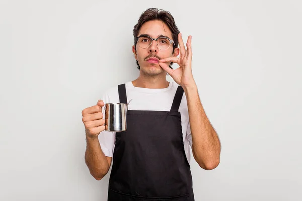 Young Hispanic Barista Man Isolated White Background Fingers Lips Keeping — Stock Photo, Image