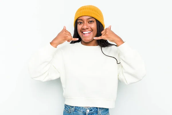 Mujer Afroamericana Joven Aislada Sobre Fondo Blanco Mostrando Gesto Llamada — Foto de Stock