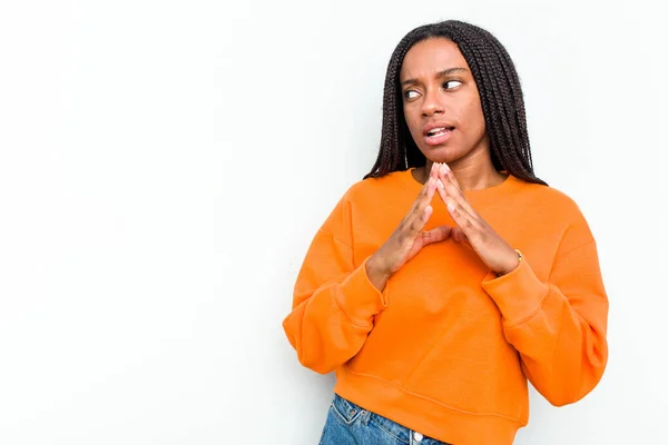 Jonge Afrikaanse Amerikaanse Vrouw Geïsoleerd Witte Achtergrond Maken Van Plan — Stockfoto